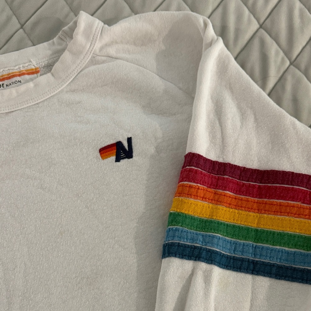 Aviator Nation White Crew with Rainbow Stripes